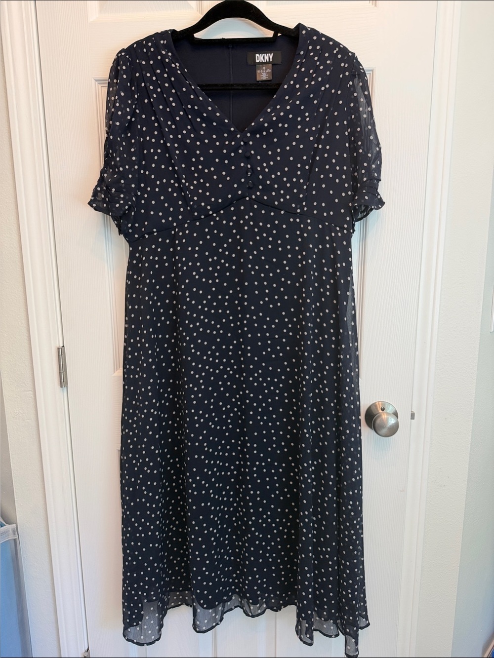 Dkny Navy and White Polka Dot V-Neck Midi Dress